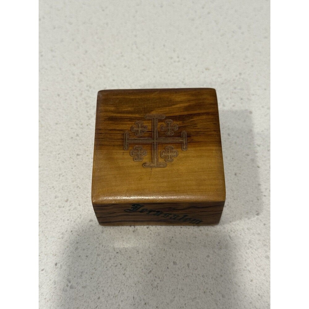 Vintage Olive Wood Jerusalem Cross Jewelry Trinket Box